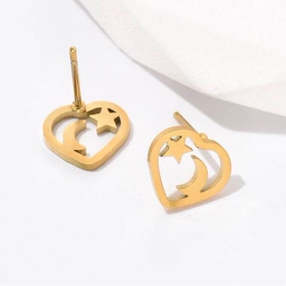“Night Sky in my Heart” Gold Stainless Steel Lasercut Crescent Star Stellar Stud - Picture 3 of 11